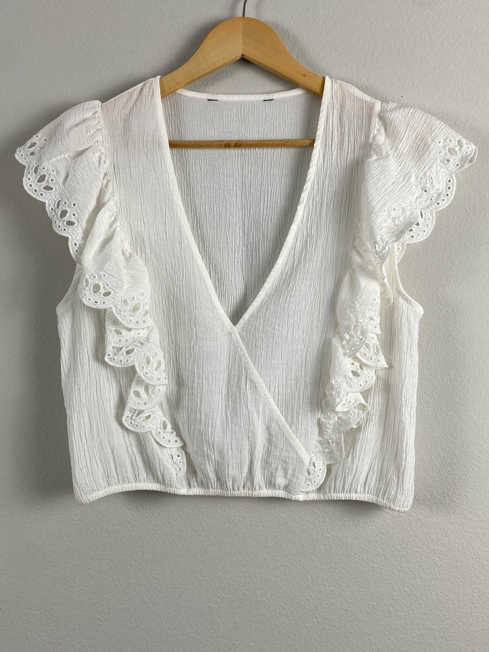 Zara Ruffle Eyelet Crossover Cropped Cap Sleeve Top | Semi Sheer | White